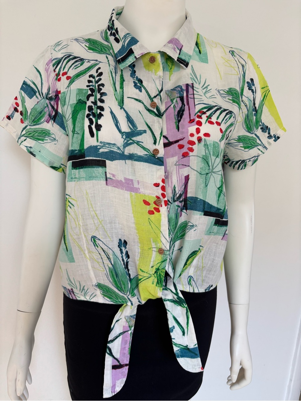 Sigrid Olsen 100% Linen White Multi Botanical Tie-Front Button-Up Top